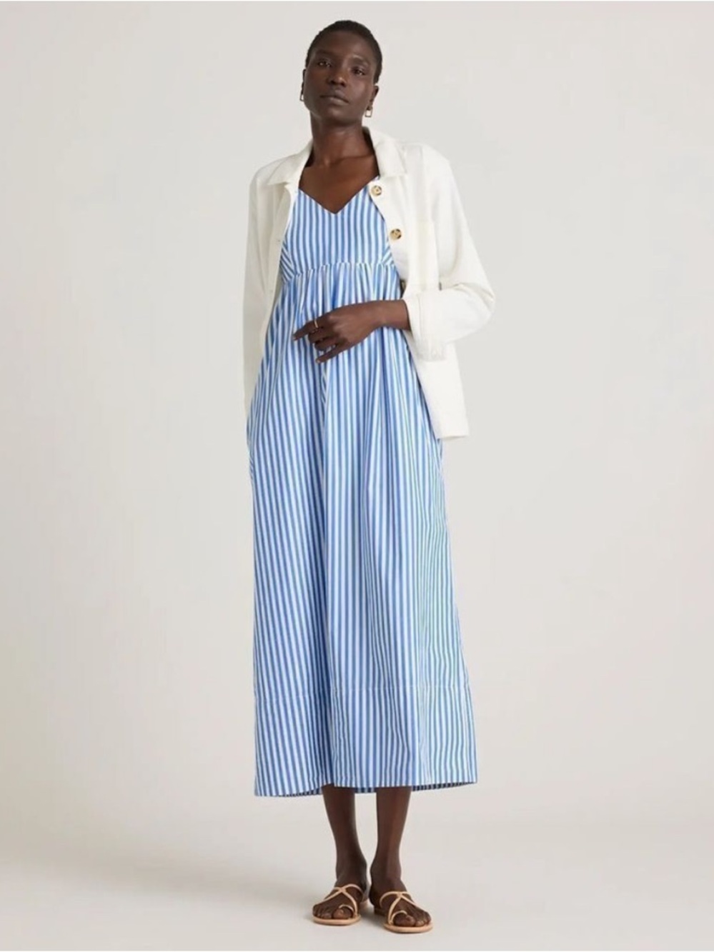 Quince 100% Organic Cotton Sleeveless Maxi Dress Striped Blue White XL